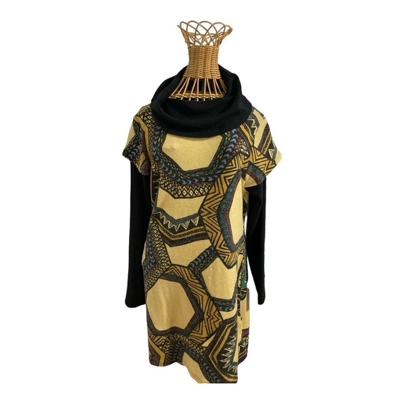 Addie Dresses & Skirts - Addie Tunic Sweater Dress sz L Womens Black Gold Mandala Cowl Neck